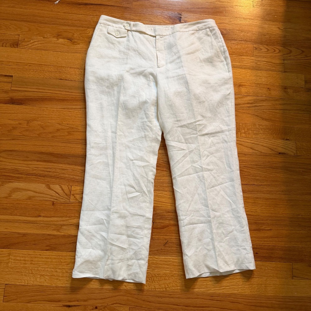 Liz Claiborne Jackie Wide Leg Pants 16 White 100% Linen Lined Trousers Summer